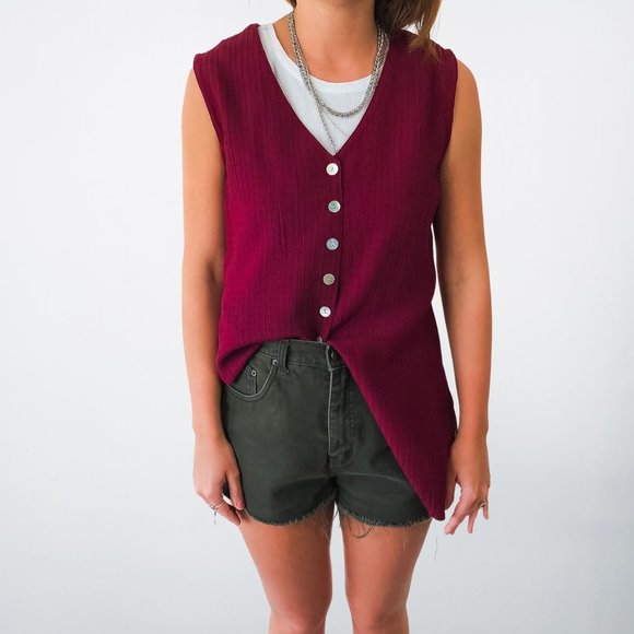 Vintage Maroon Tie Back Button Up Textured Top - M - Picture 5 of 6